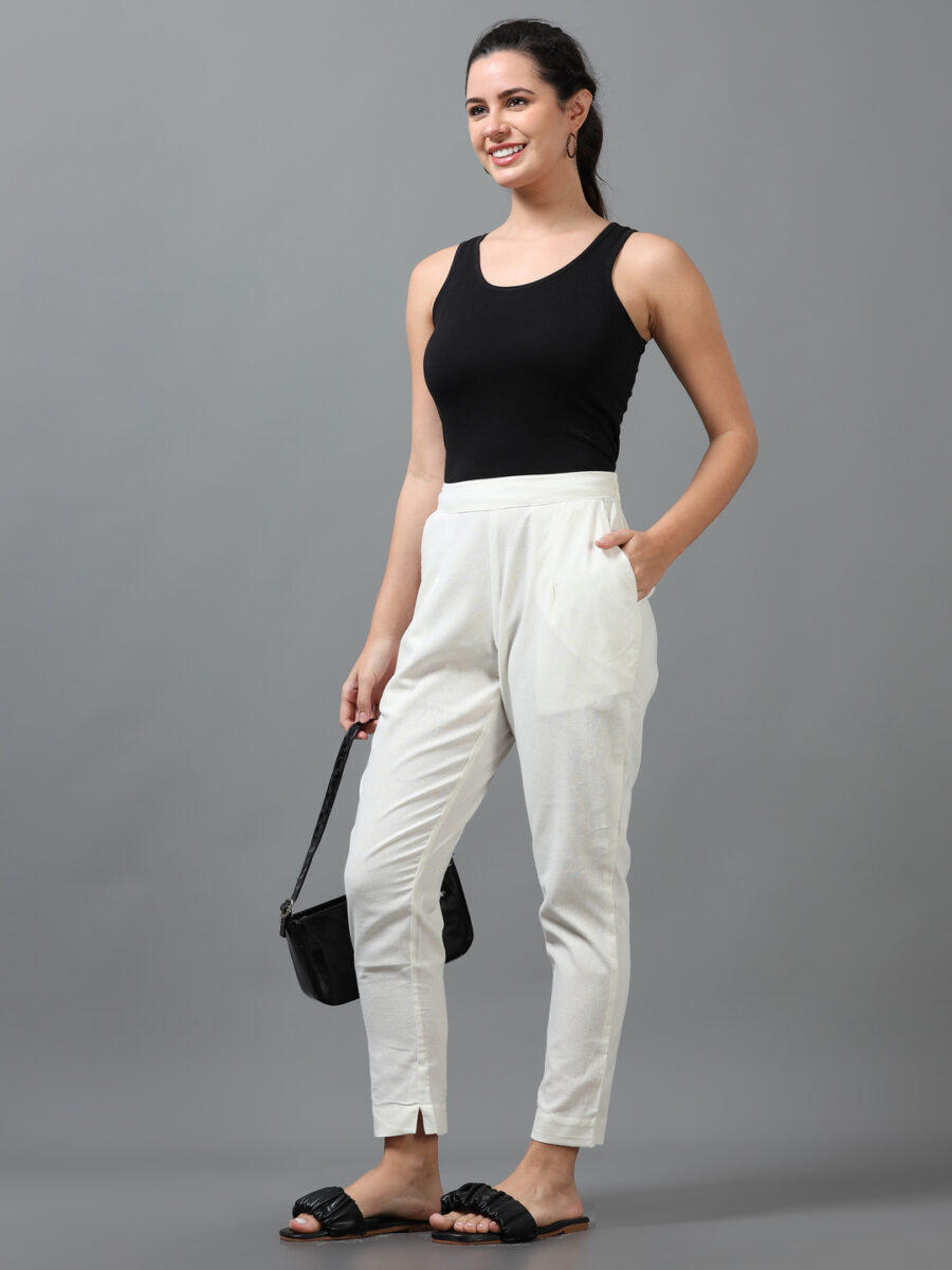 Marcia off White Solid Cotton Regular Trousers - Image 9