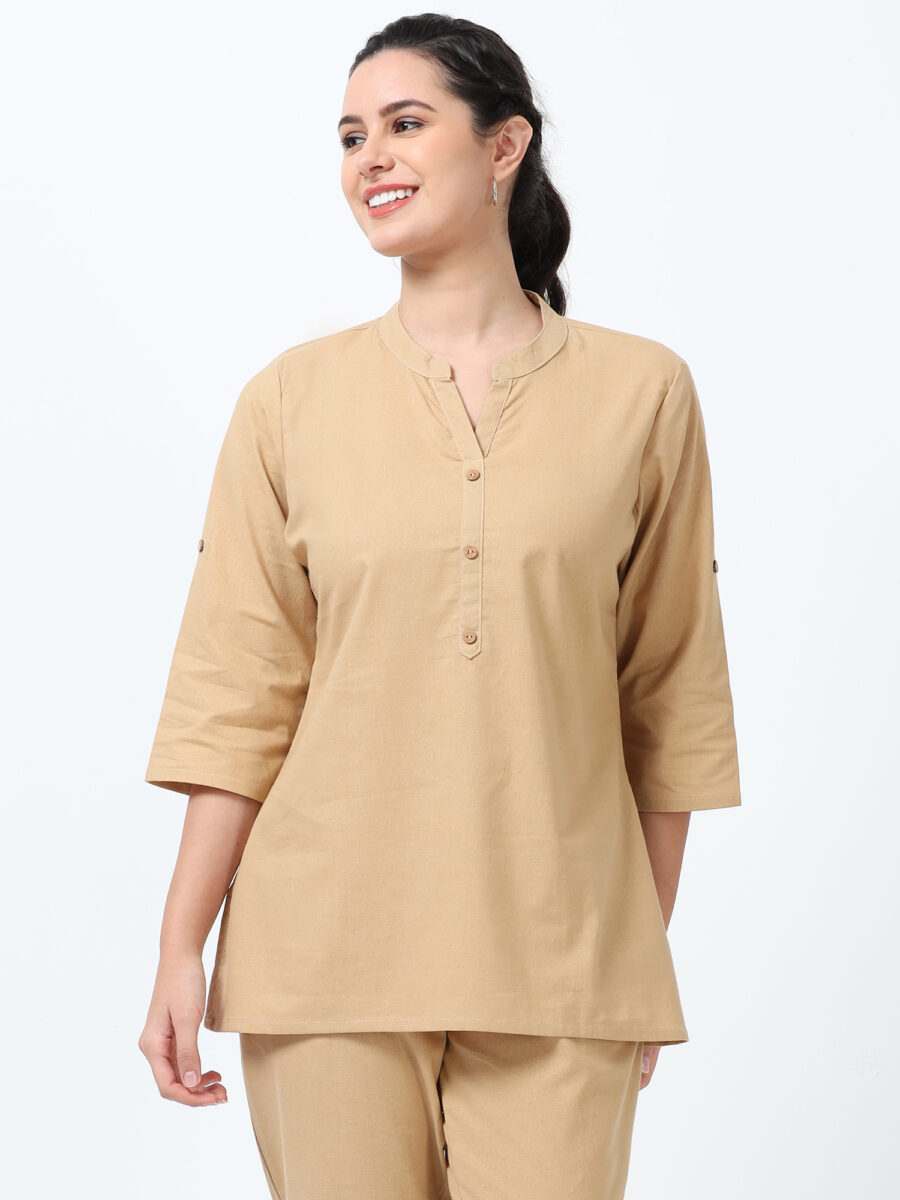 Marcia Beige Solid Rayon Straight Kurti