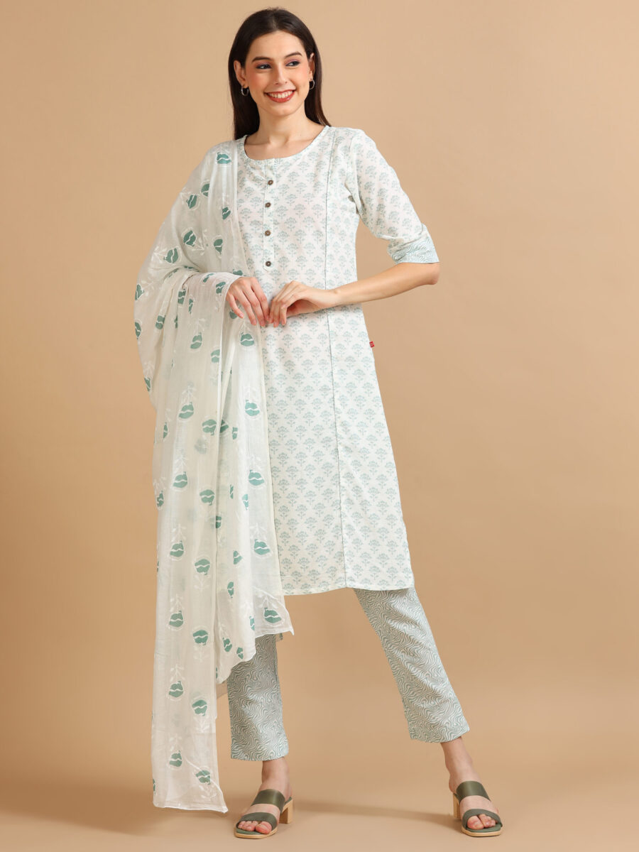 Marcia Green Printed Cotton 3 Pc Kurta Set - Image 2