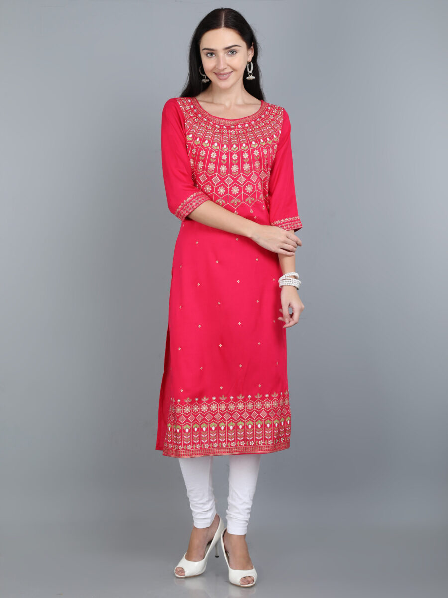 Marcia Pink Printed Rayon Long Kurta - Image 4