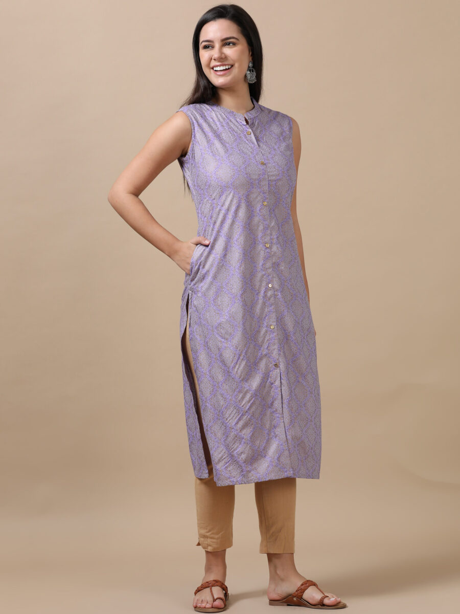 Marcia Lavender Printed Rayon Straight Long Kurta - Image 3