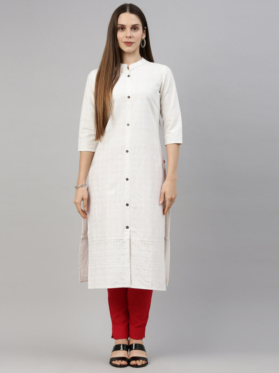 Marcia White Printed Cotton Straight Long Kurta - Image 4