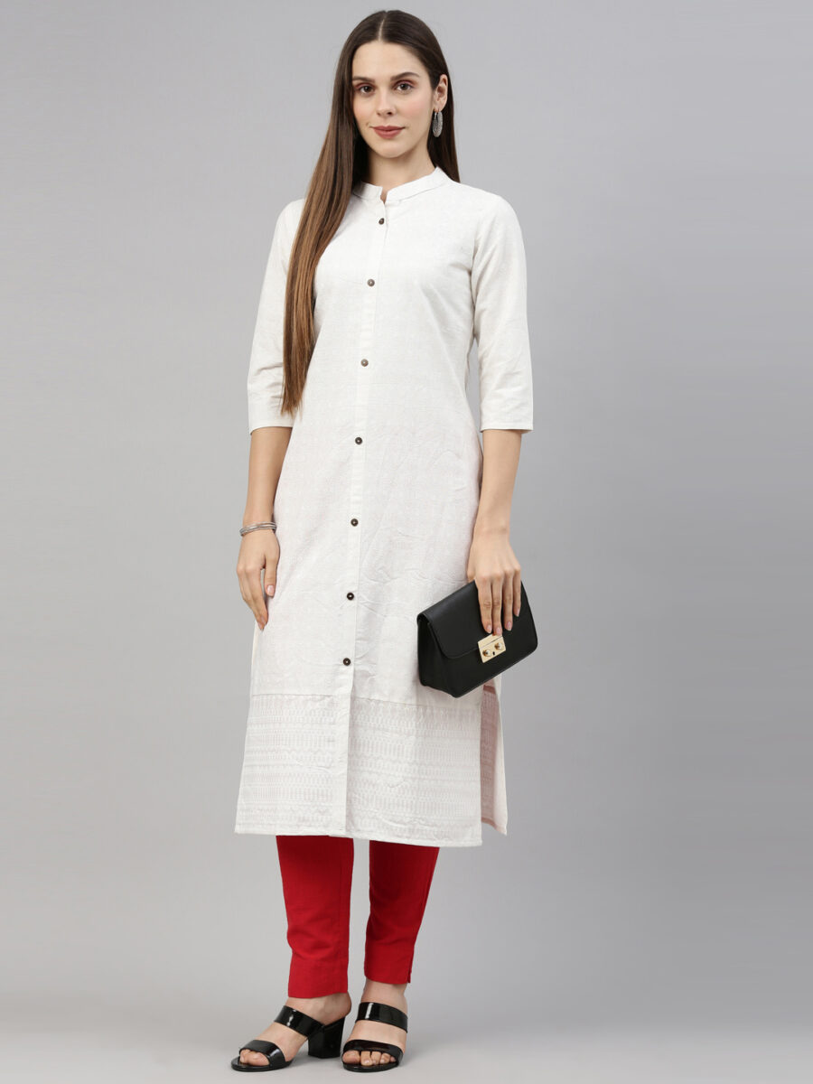 Marcia White Printed Cotton Straight Long Kurta