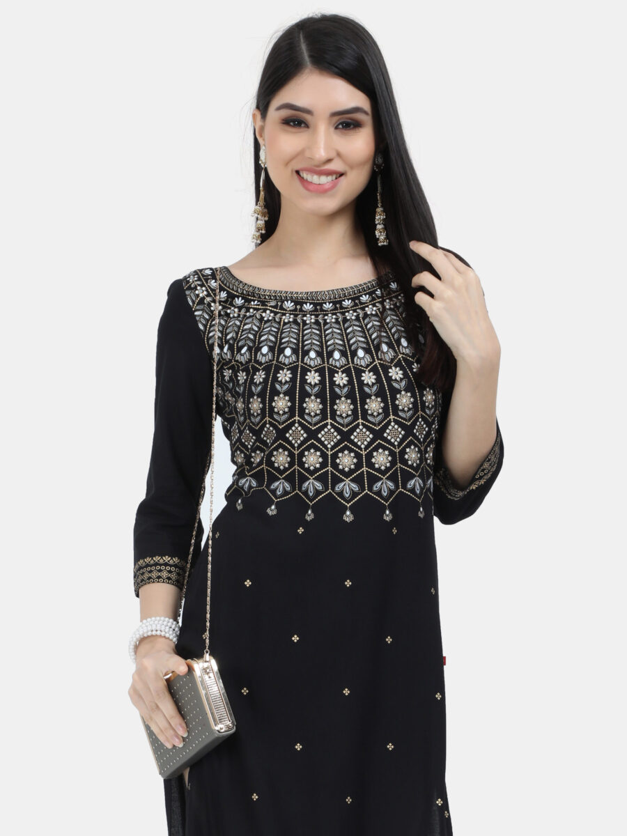 Marcia Black Printed Cotton Straight Long Kurta - Image 4