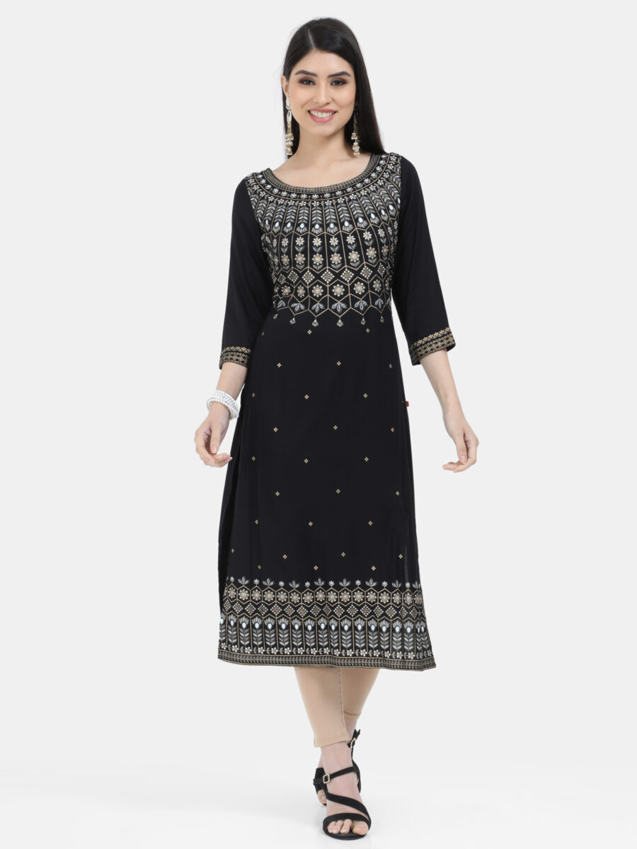 Marcia Black Printed Cotton Straight Long Kurta - Image 7