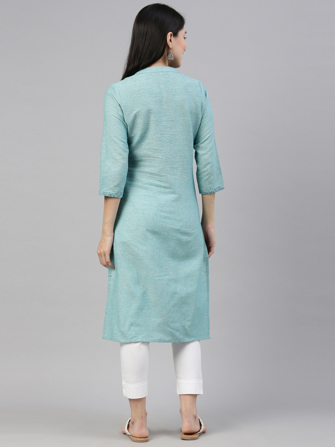 Marcia Blue Printed Cotton Straight Long Kurta - Image 2