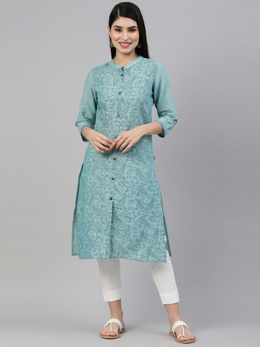 Marcia Blue Printed Cotton Straight Long Kurta - Image 4
