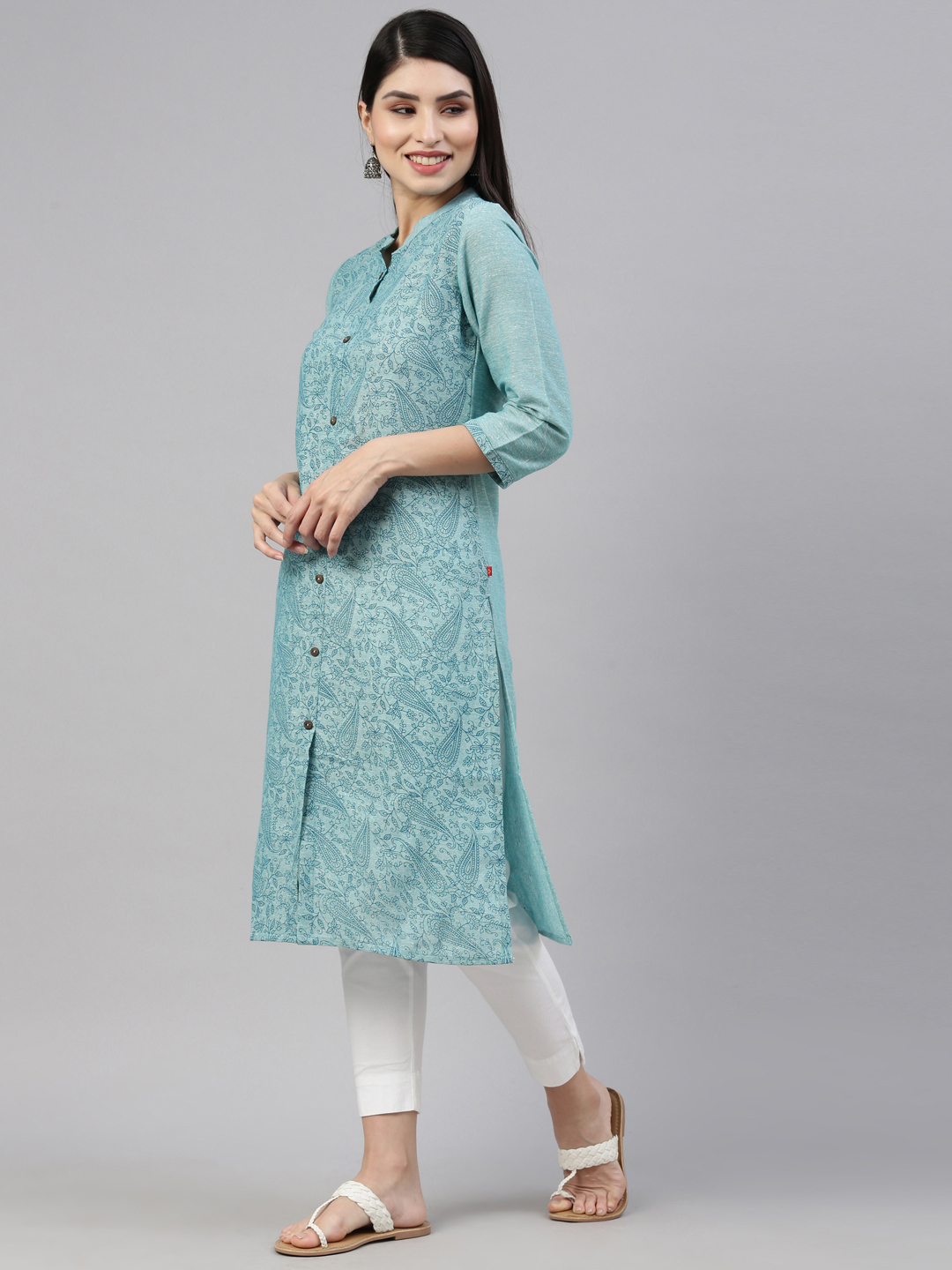 Marcia Blue Printed Cotton Straight Long Kurta - Image 5