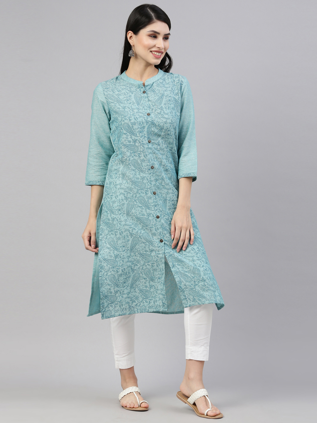 Marcia Blue Printed Cotton Straight Long Kurta - Image 6