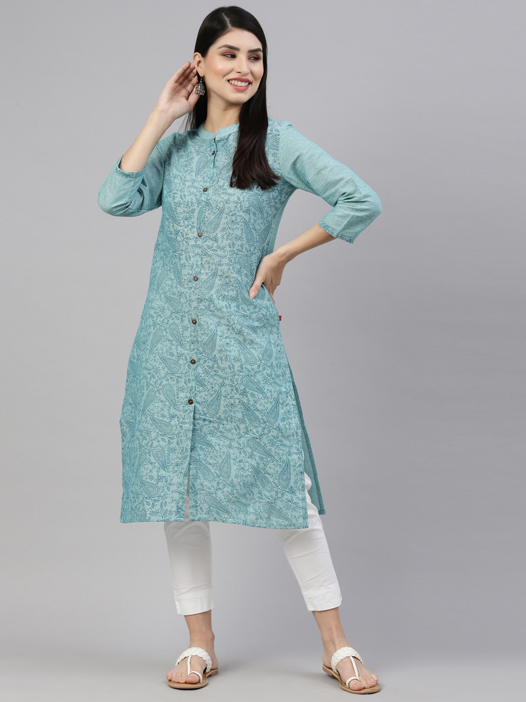 Marcia Blue Printed Cotton Straight Long Kurta