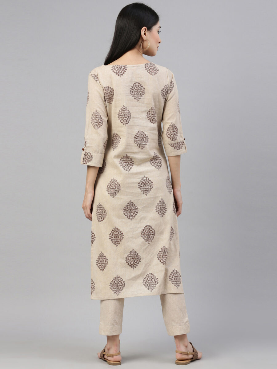 Marcia Beige-Brown Printed Cotton Straight Kurta Set - Image 2