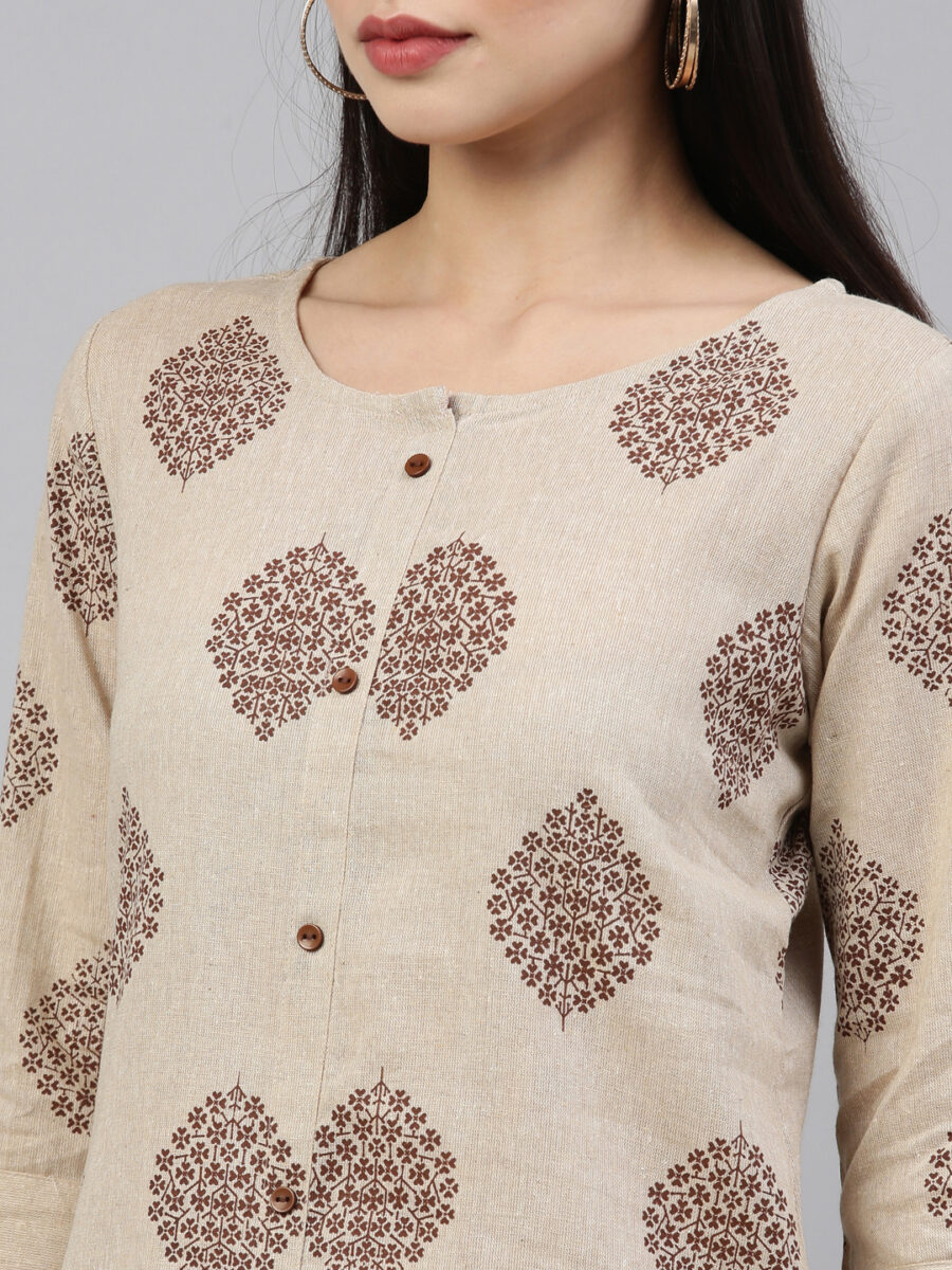 Marcia Beige-Brown Printed Cotton Straight Kurta Set - Image 3