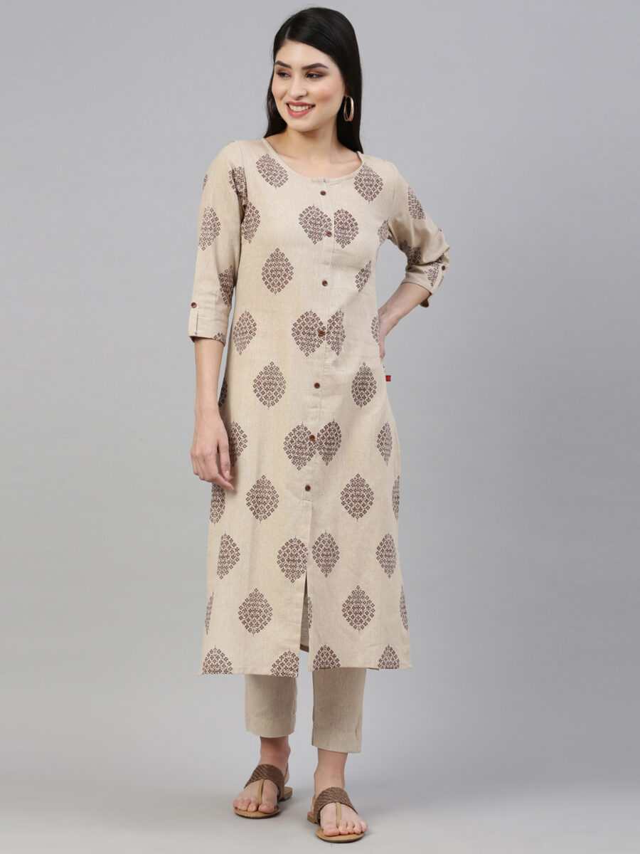Marcia Beige-Brown Printed Cotton Straight Kurta Set - Image 4