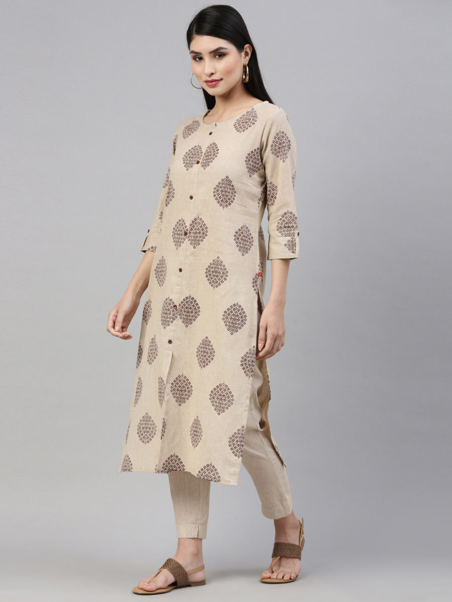 Marcia Beige-Brown Printed Cotton Straight Kurta Set - Image 5