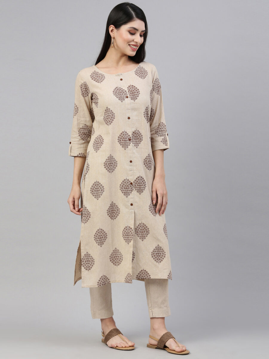 Marcia Beige-Brown Printed Cotton Straight Kurta Set - Image 6