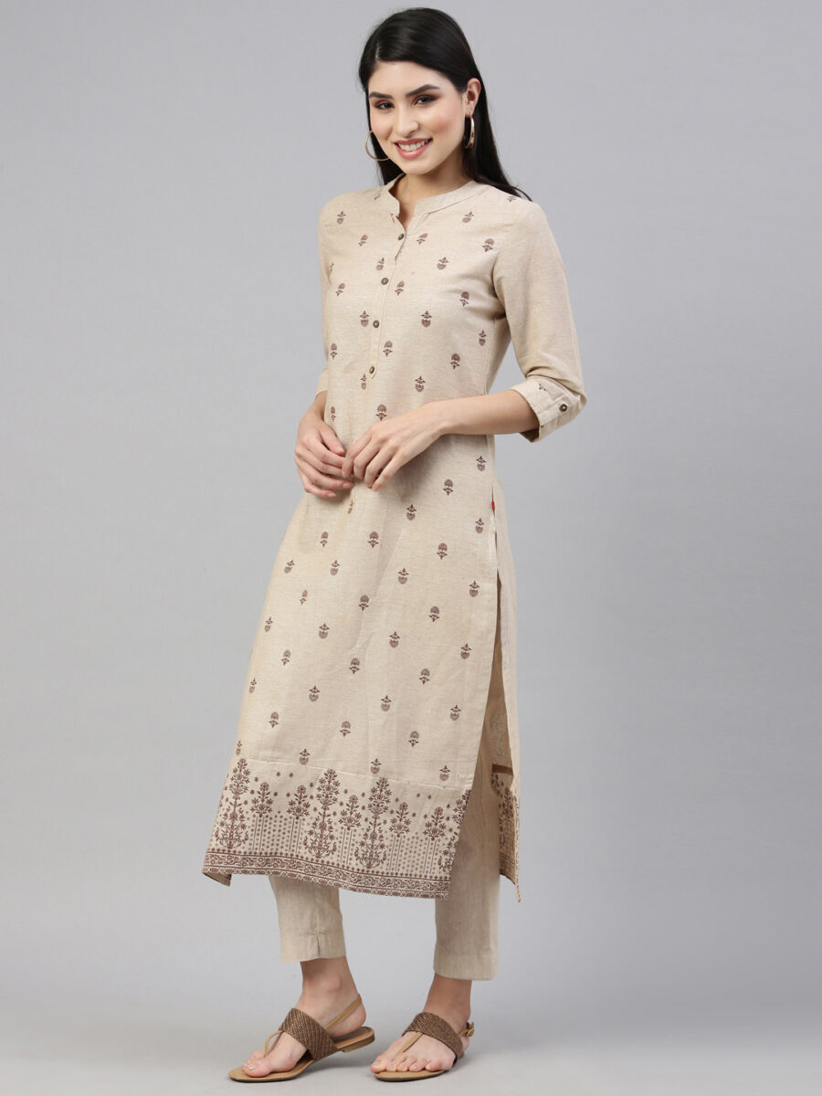 Marcia Beige Printed Cotton Straight Kurta Set - Image 5