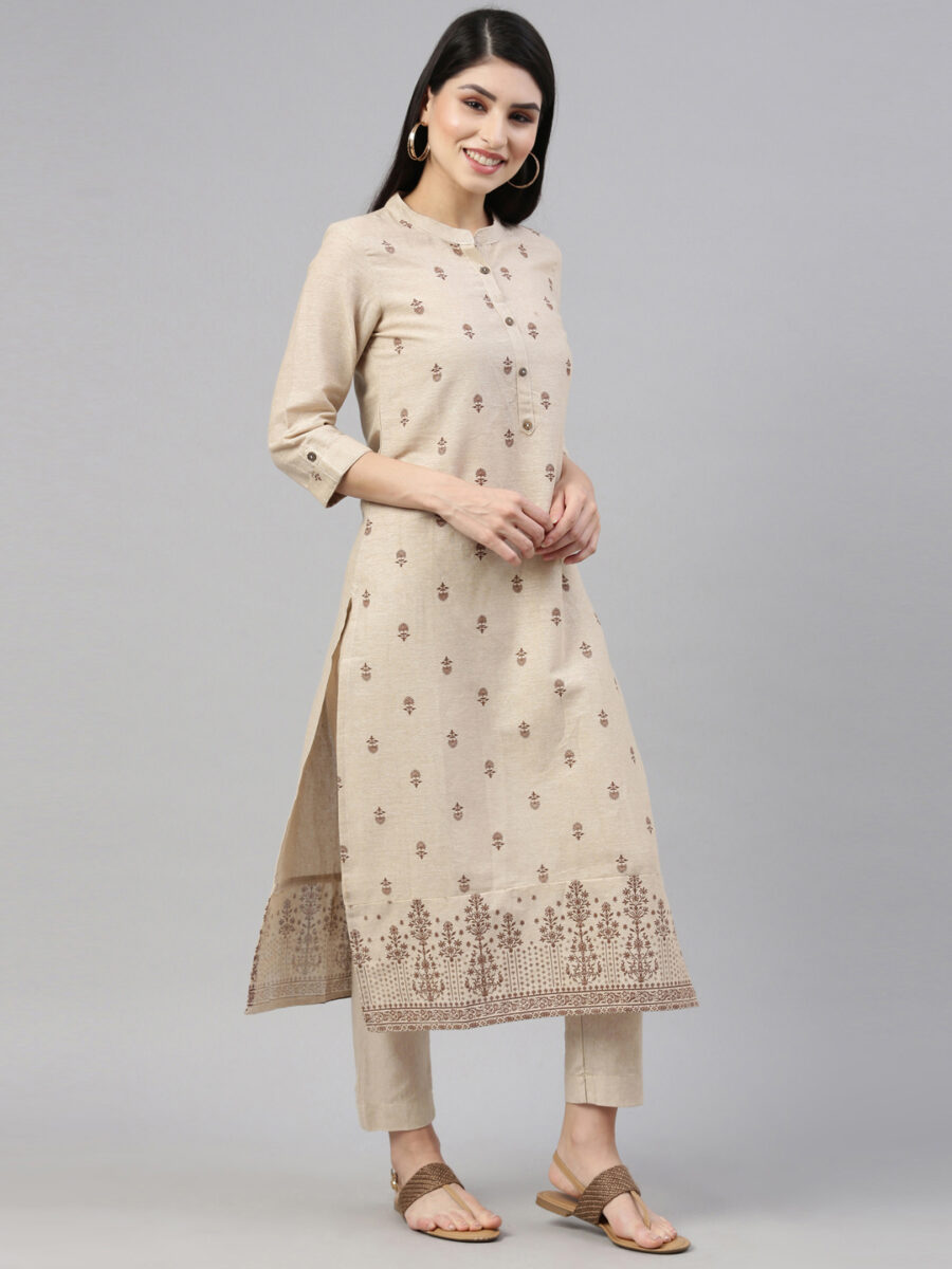 Marcia Beige Printed Cotton Straight Kurta Set - Image 6