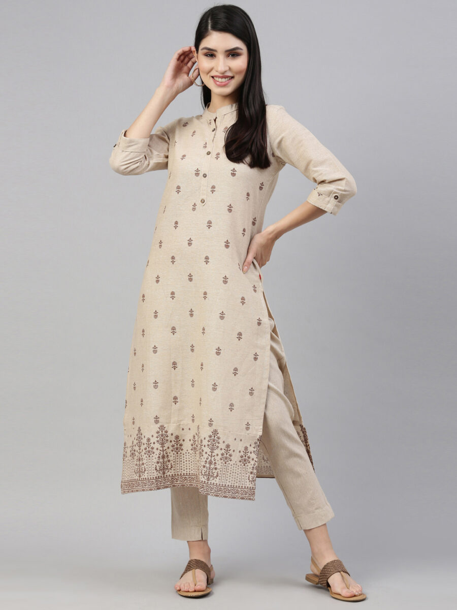 Marcia Beige Printed Cotton Straight Kurta Set