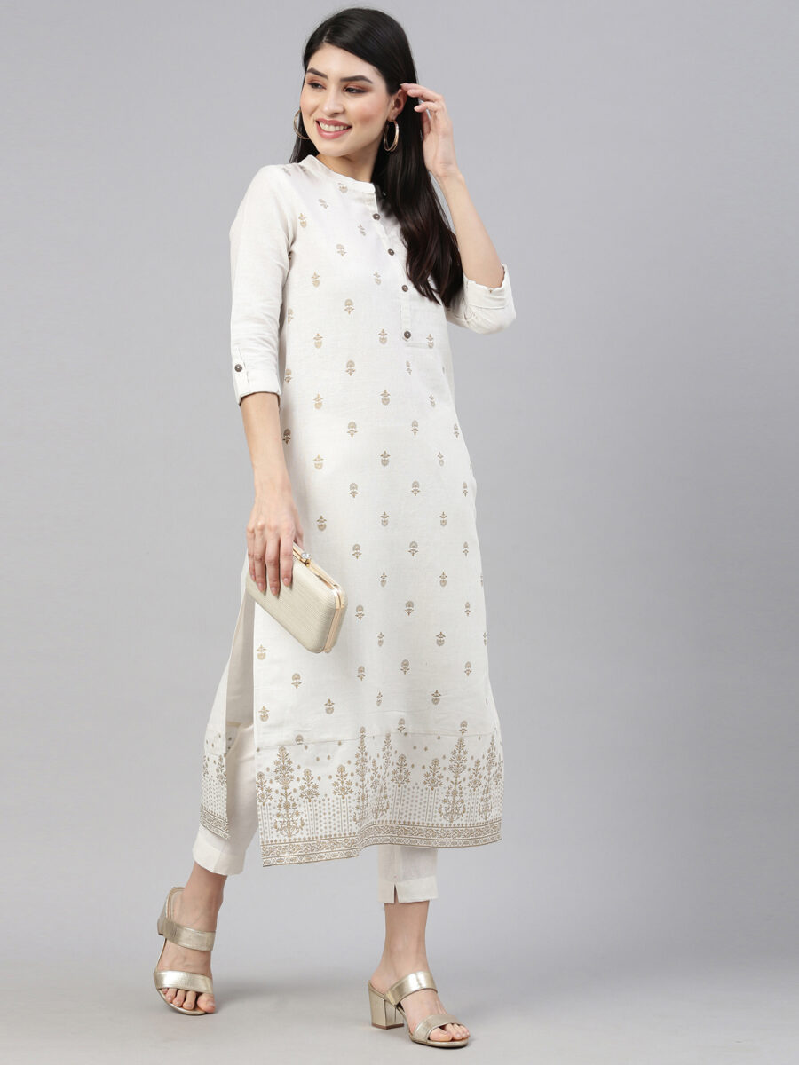 Marcia White Printed Cotton Straight Kurta Set