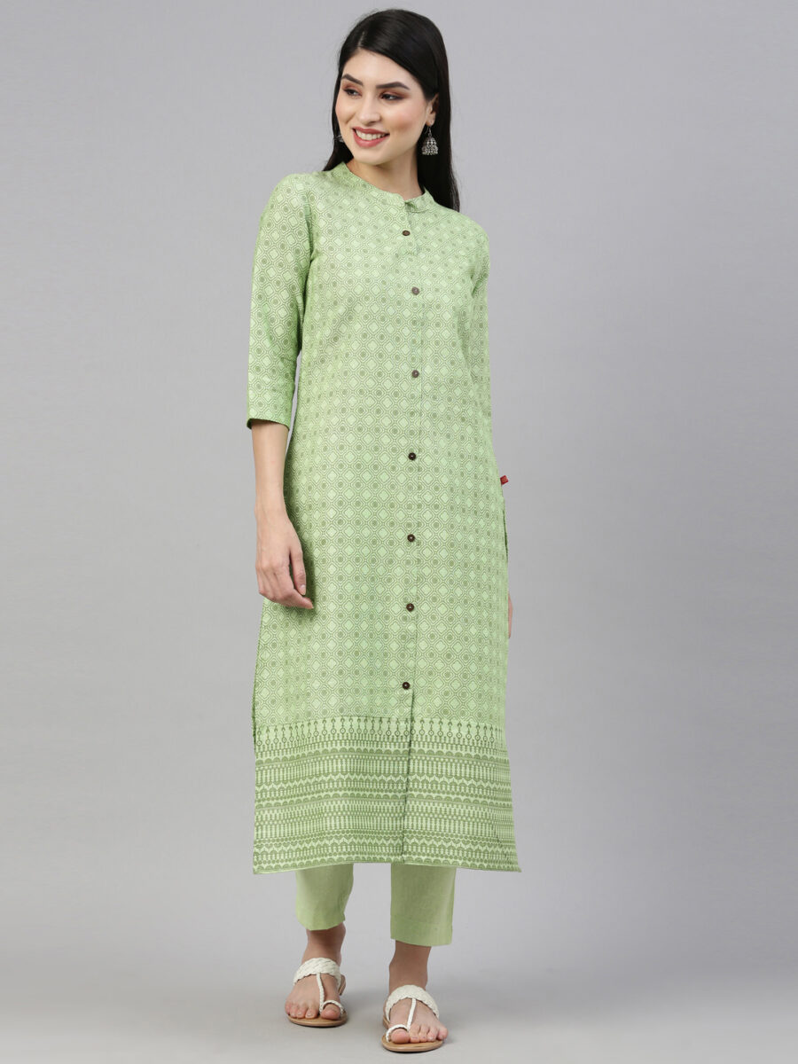 Marcia Green Printed Cotton Straight Kurta Set - Image 4