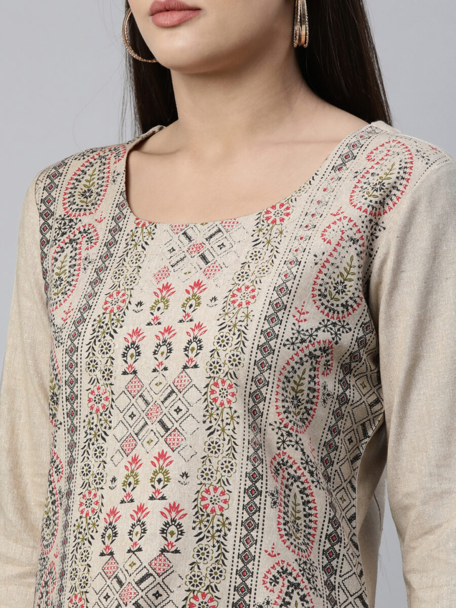 Marcia Beige Printed Cotton Straight Kurta - Image 3