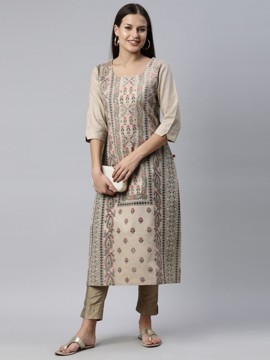 Marcia Beige Printed Cotton Straight Kurta