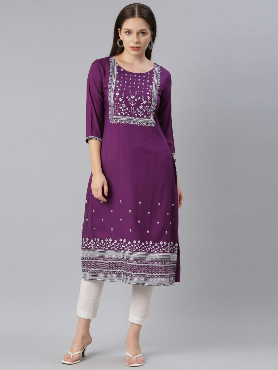 Marcia Purple Printed Rayon Straight Kurta Set - Image 4