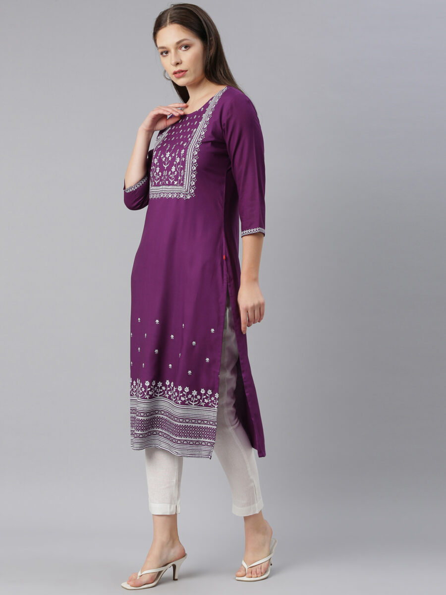Marcia Purple Printed Rayon Straight Kurta Set - Image 5