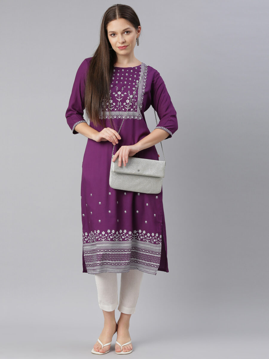 Marcia Purple Printed Rayon Straight Kurta Set
