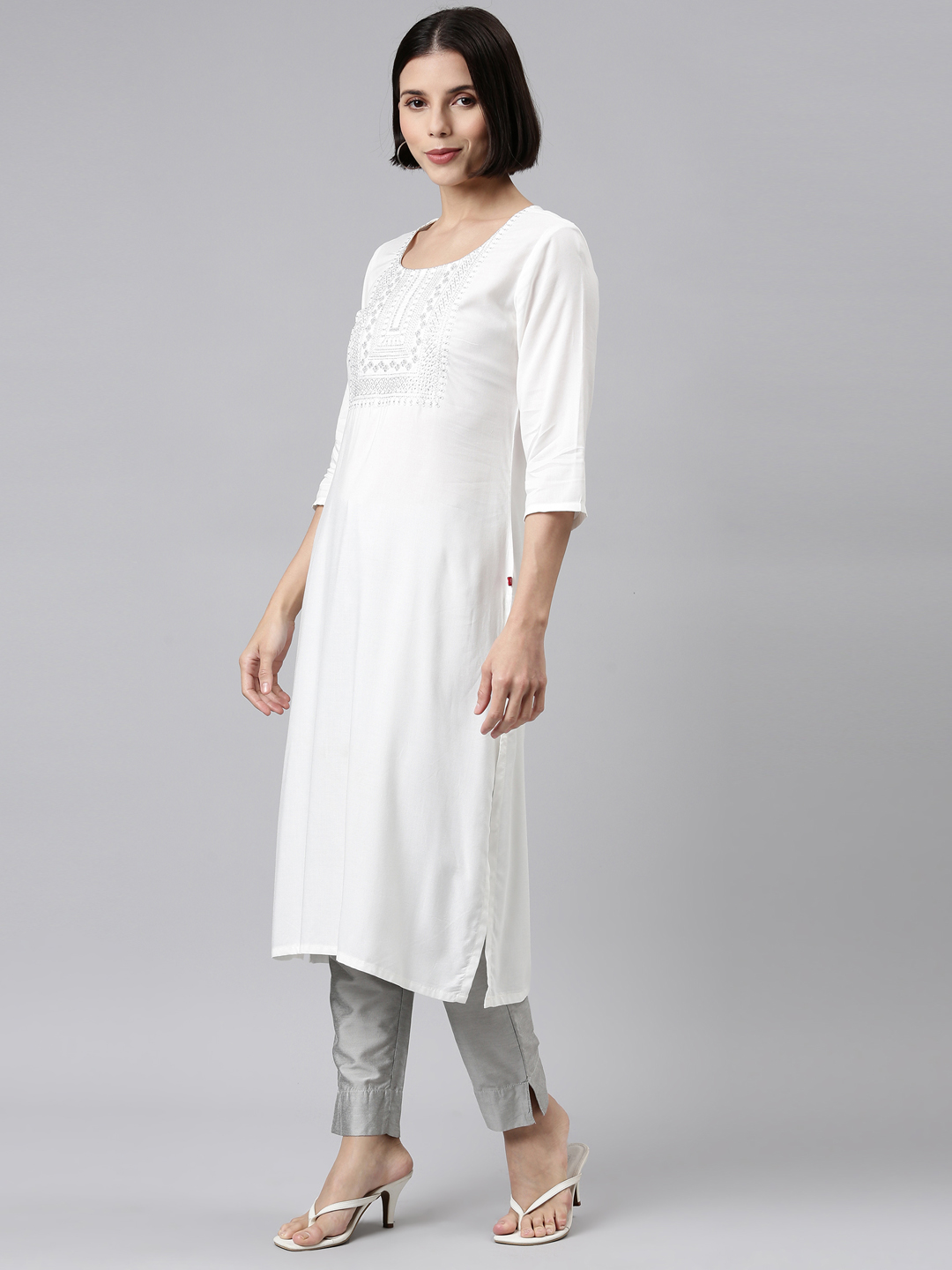 Marcia White Embroidred Rayon Straight Kurta - Image 5