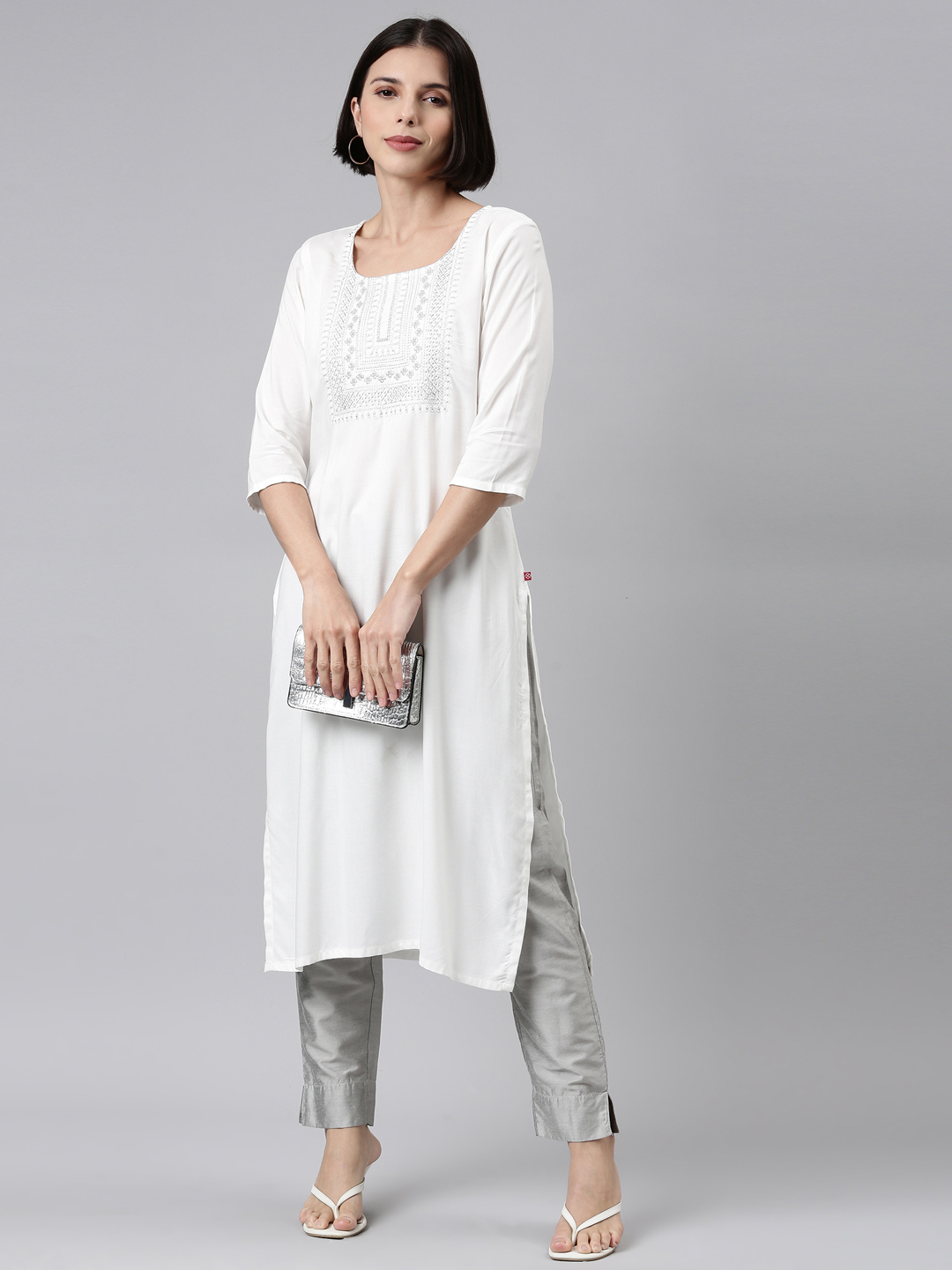 Marcia White Embroidred Rayon Straight Kurta