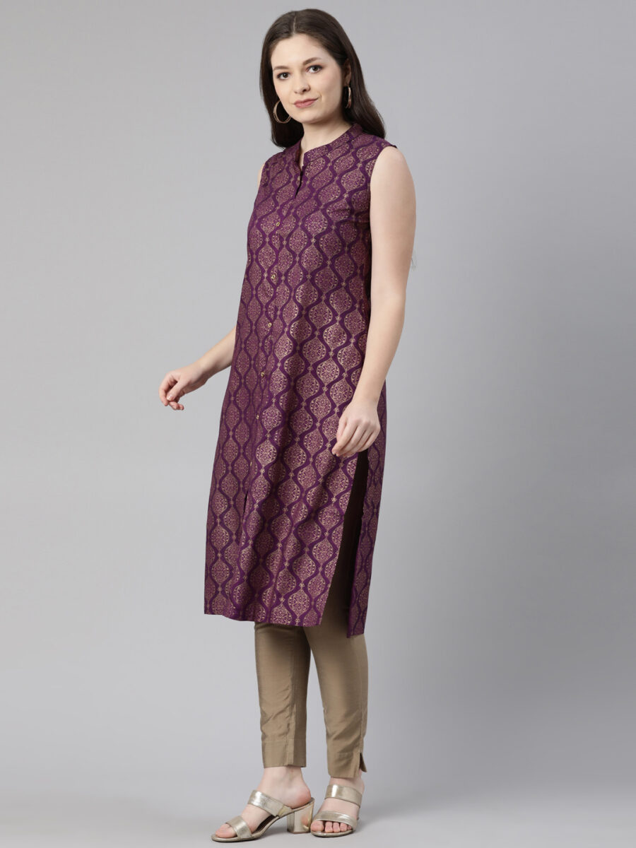 Marcia Purple Printed Rayon Straight Long Kurta - Image 5