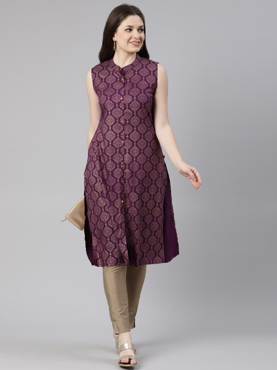 Marcia Purple Printed Rayon Straight Long Kurta