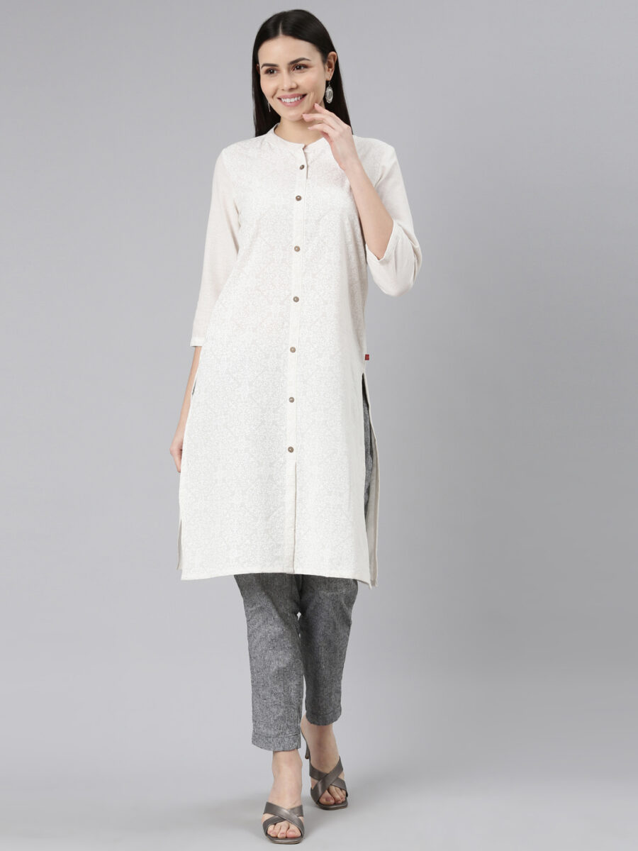 Marcia White Printed Cotton Straight Long Kurta
