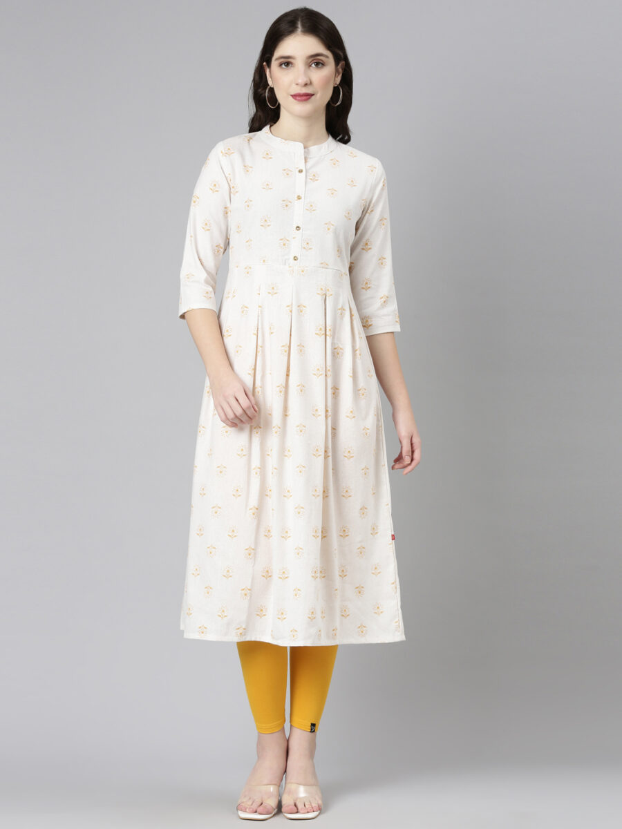 Marcia Mustard Printed Cotton A-Line Long Kurta - Image 7