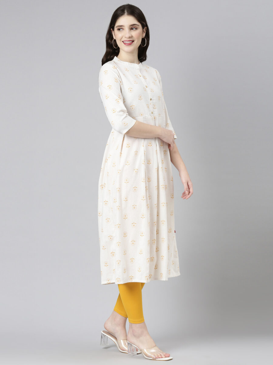Marcia Mustard Printed Cotton A-Line Long Kurta - Image 4