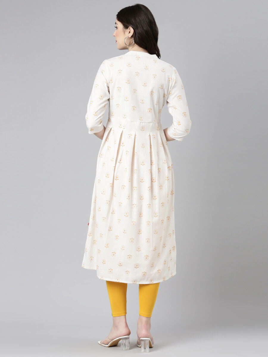 Marcia Mustard Printed Cotton A-Line Long Kurta - Image 3