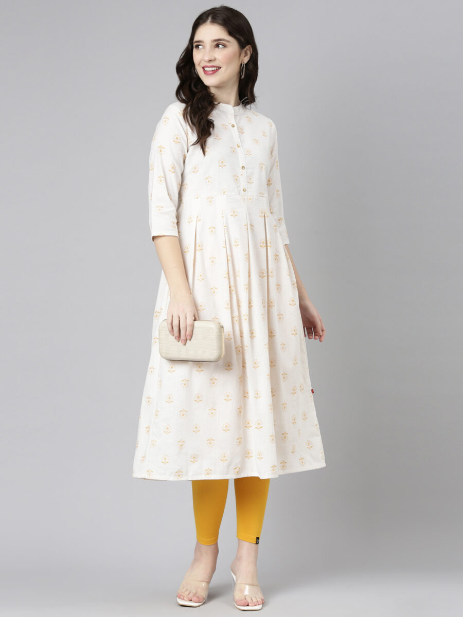 Marcia Mustard Printed Cotton A-Line Long Kurta