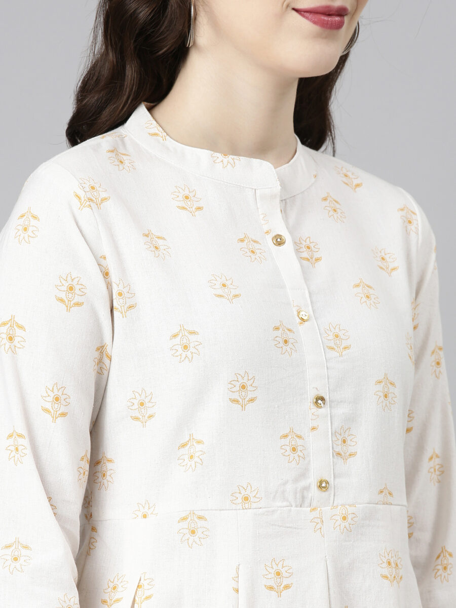 Marcia Mustard Printed Cotton A-Line Long Kurta - Image 2