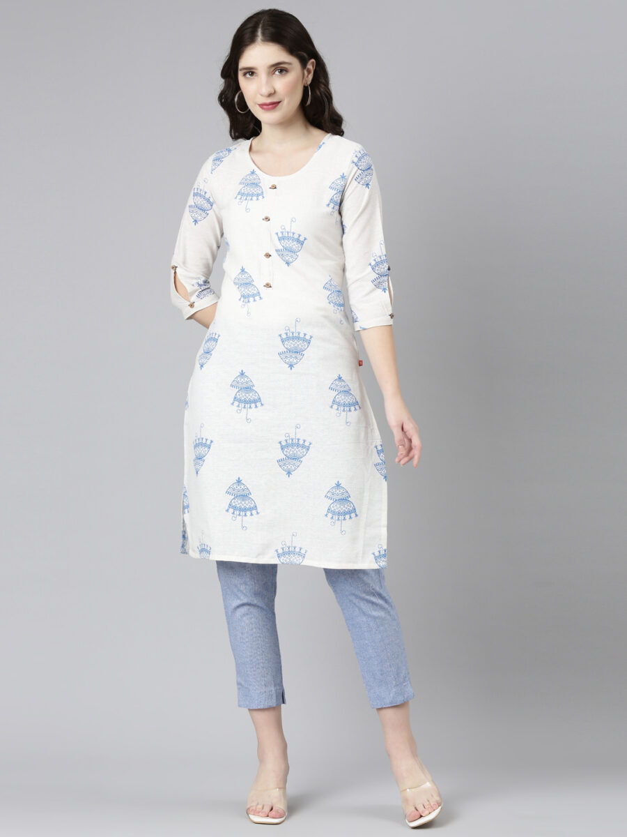 Marcia White Printed Cotton Straight Long Kurta - Image 2