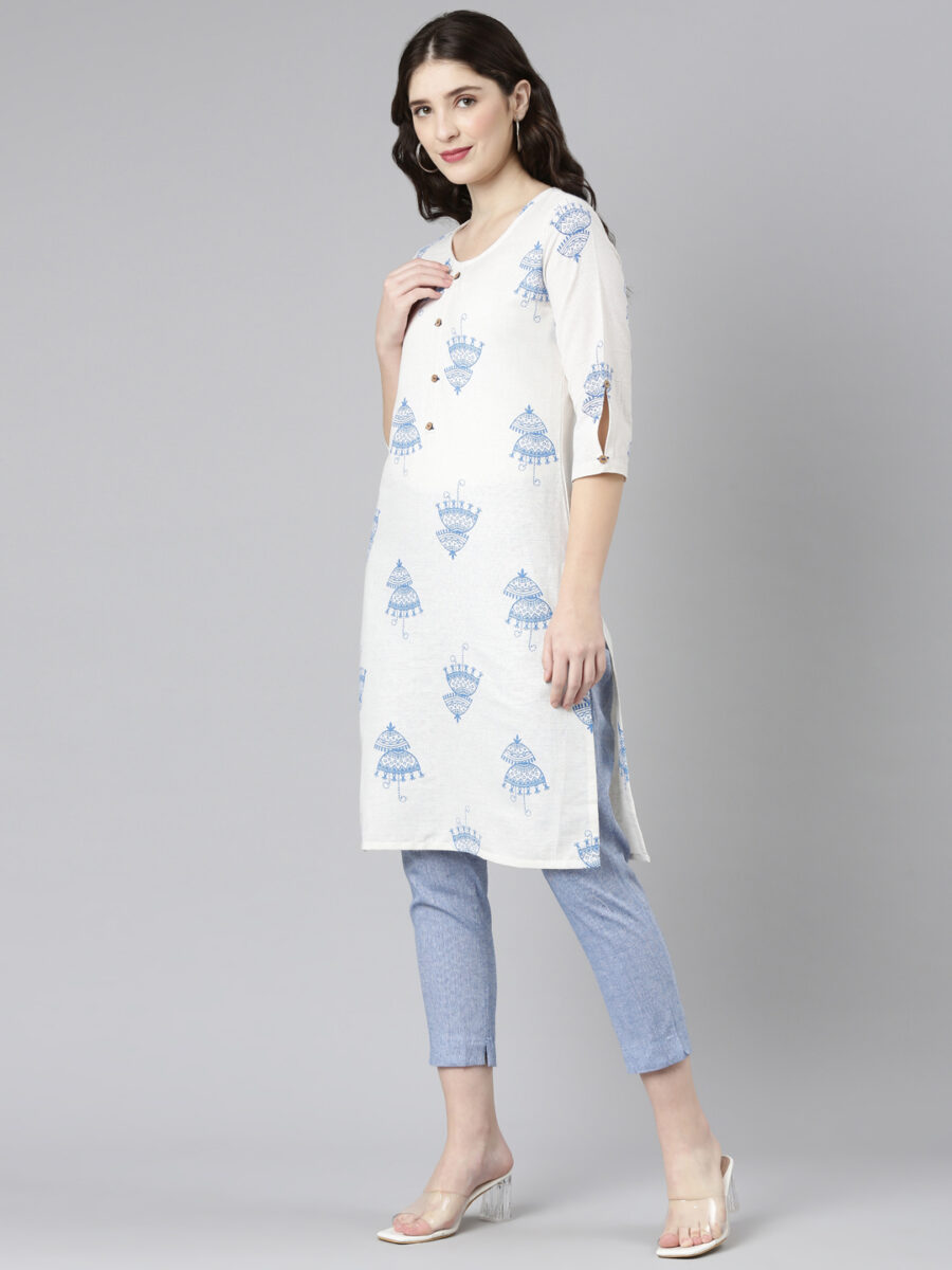 Marcia White Printed Cotton Straight Long Kurta - Image 3