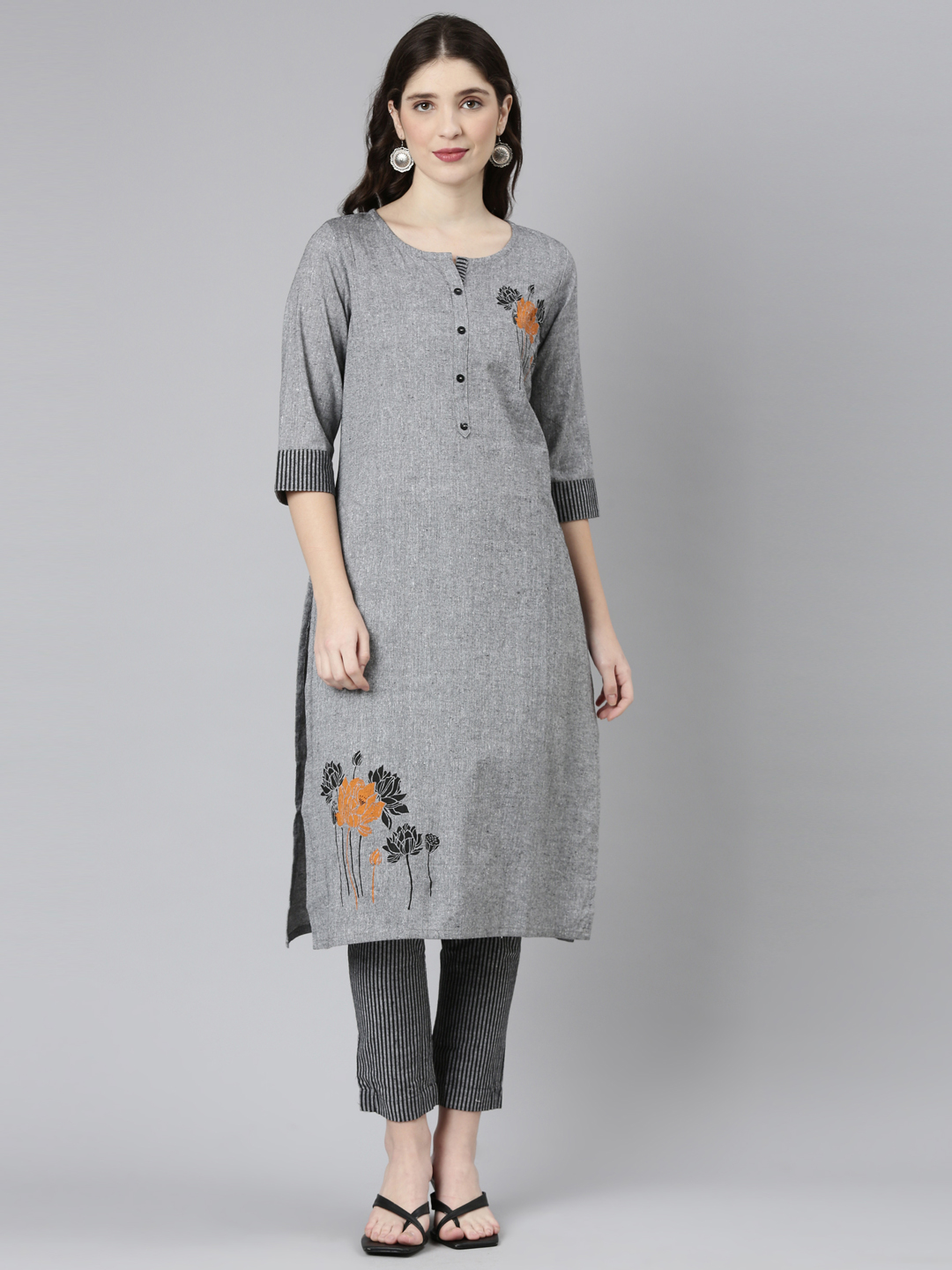 Marcia Grey Embroidred Cotton Straight Kurta Set - Image 2