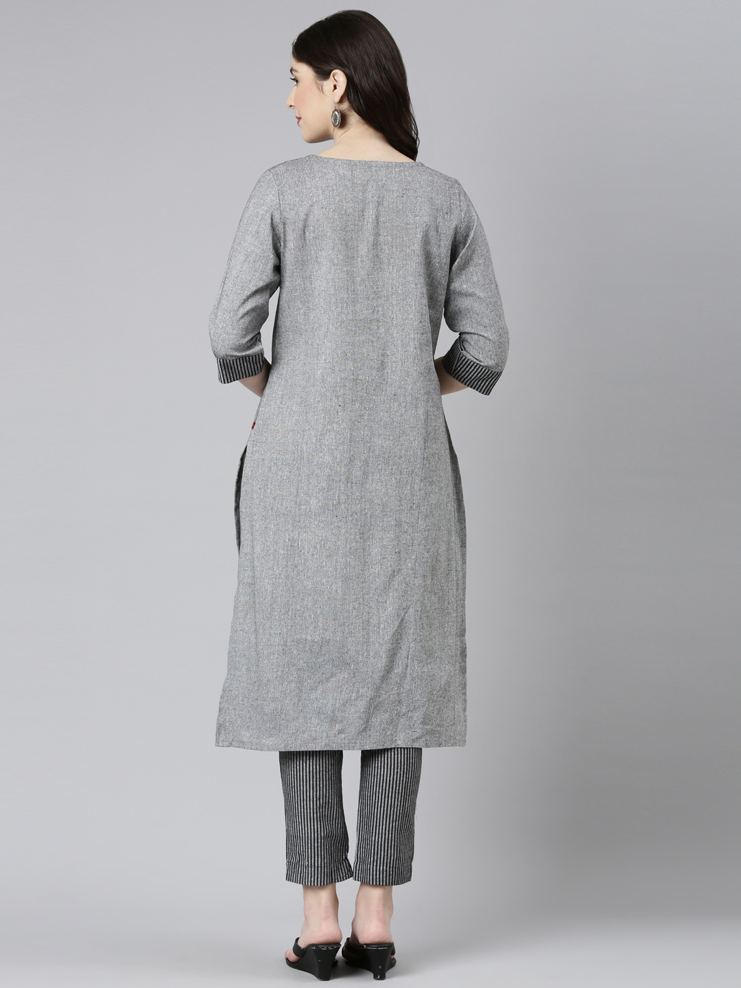 Marcia Grey Embroidred Cotton Straight Kurta Set - Image 5