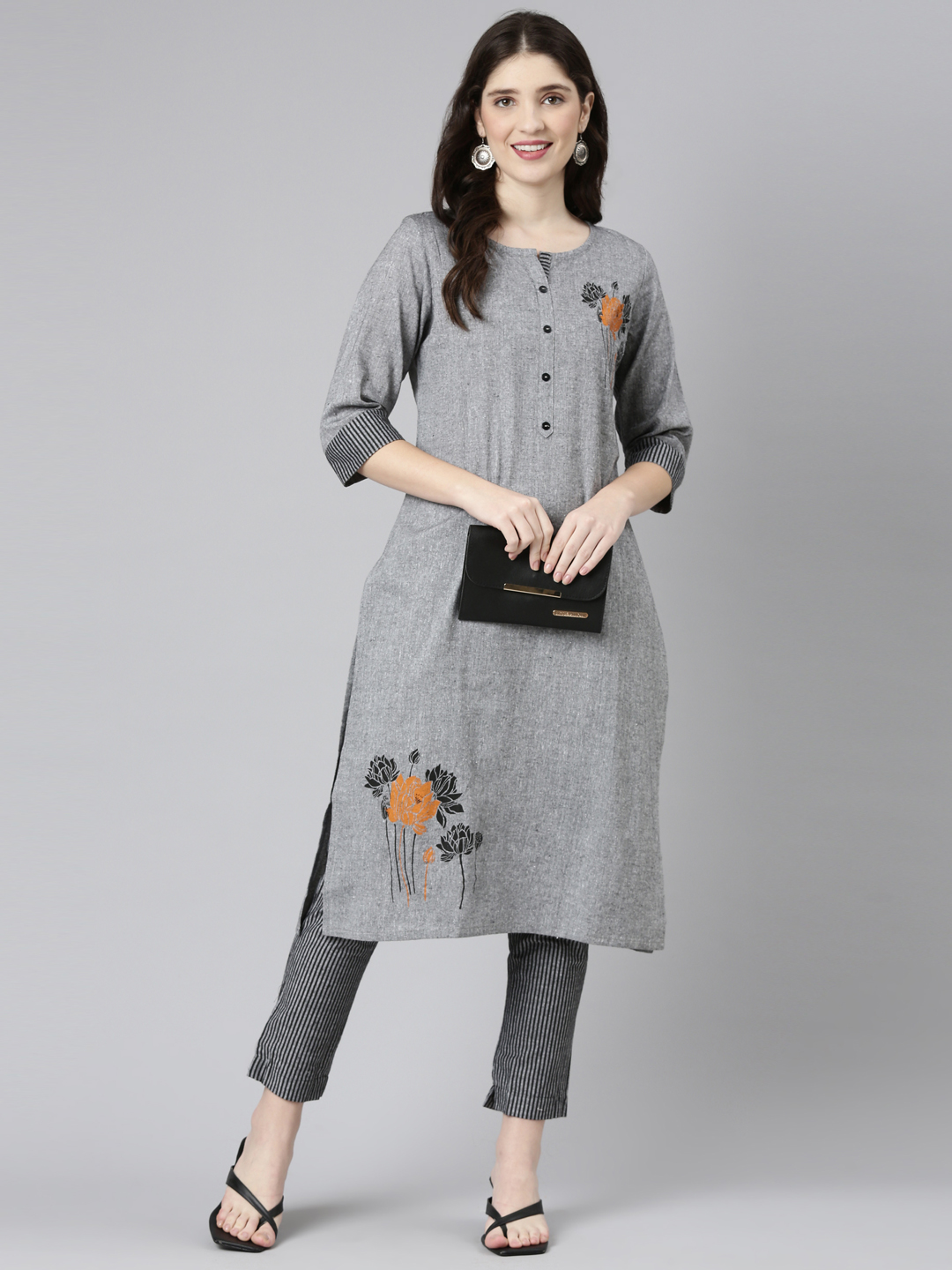Marcia Grey Embroidred Cotton Straight Kurta Set