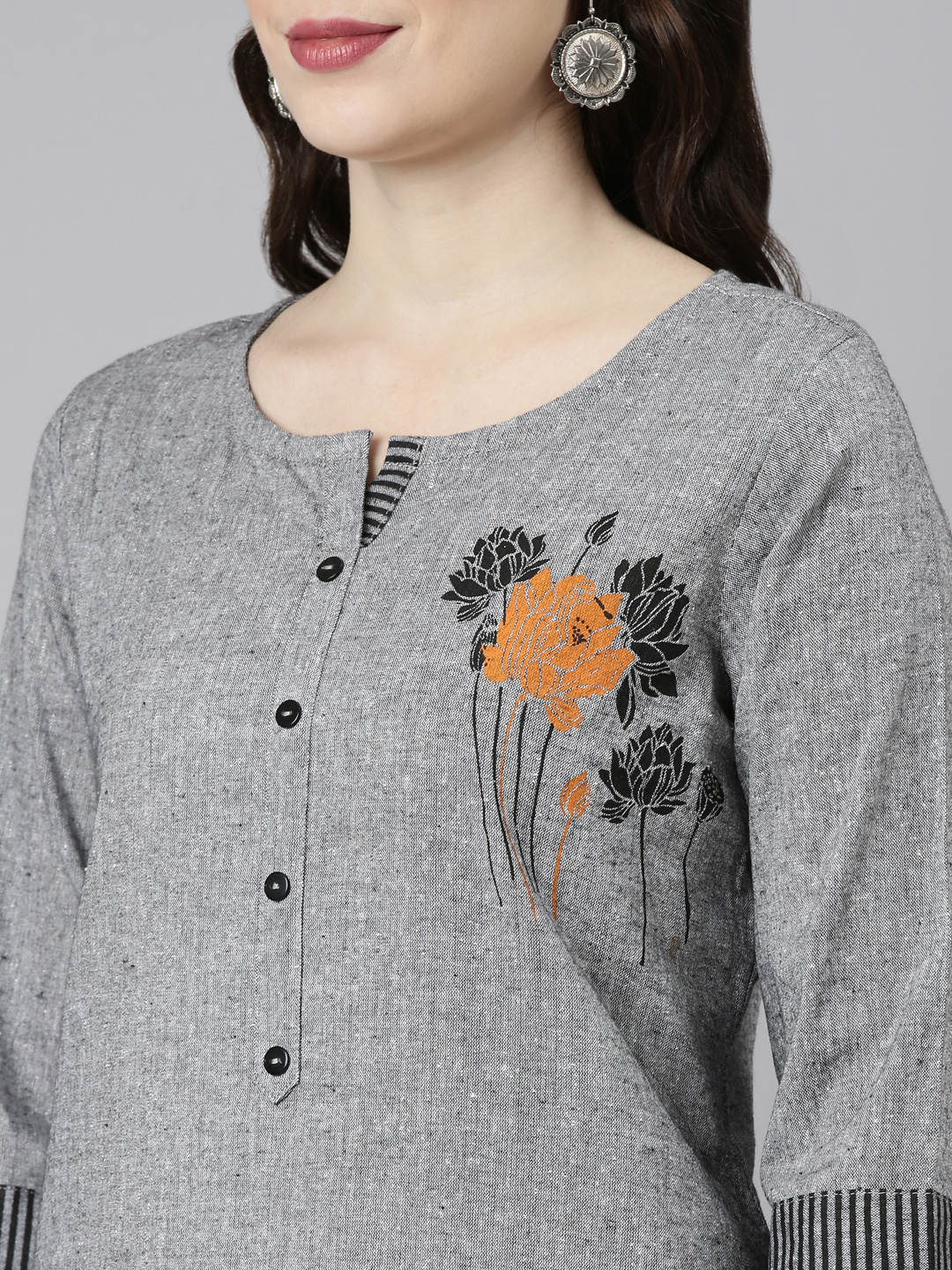 Marcia Grey Embroidred Cotton Straight Kurta Set - Image 6