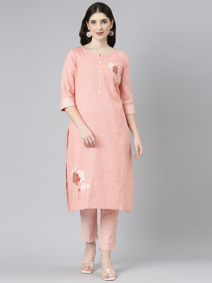 Marcia Peach Embroidred Cotton Straight Kurta Set - Image 2
