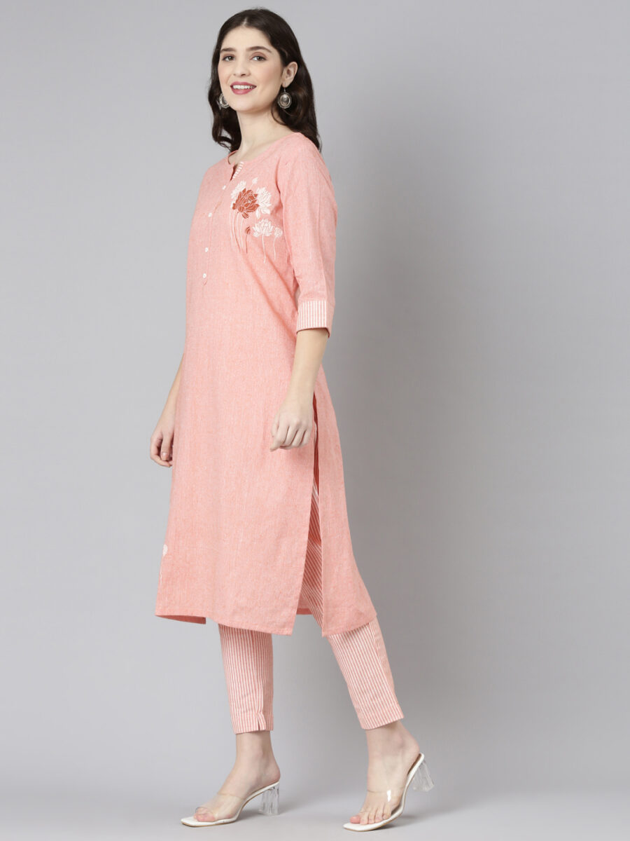 Marcia Peach Embroidred Cotton Straight Kurta Set - Image 3