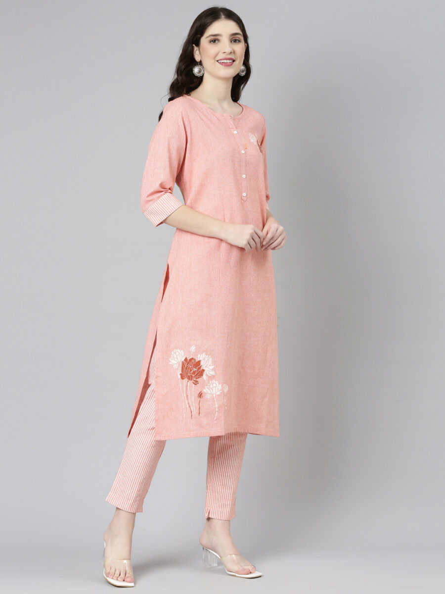 Marcia Peach Embroidred Cotton Straight Kurta Set - Image 4