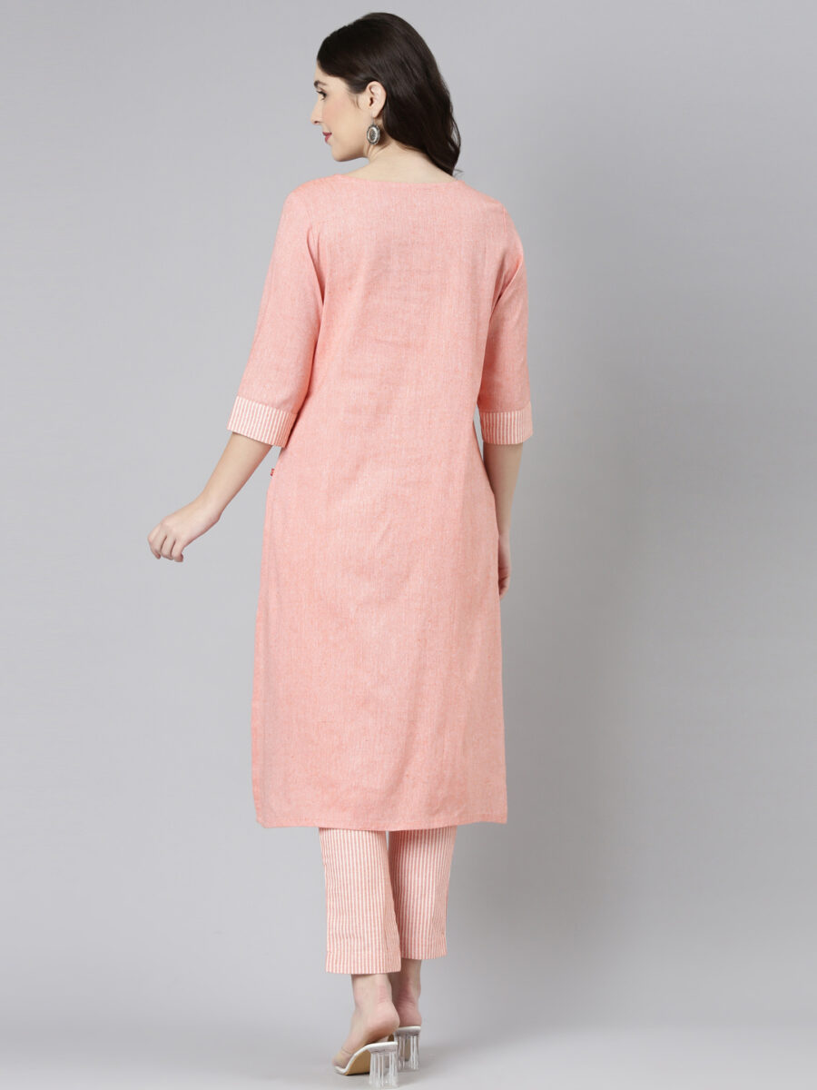 Marcia Peach Embroidred Cotton Straight Kurta Set - Image 5