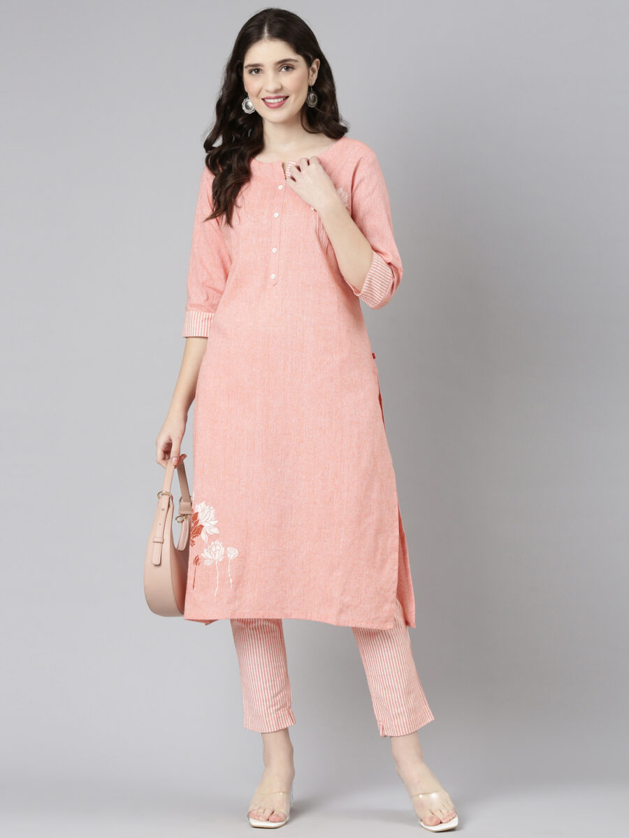 Marcia Peach Embroidred Cotton Straight Kurta Set